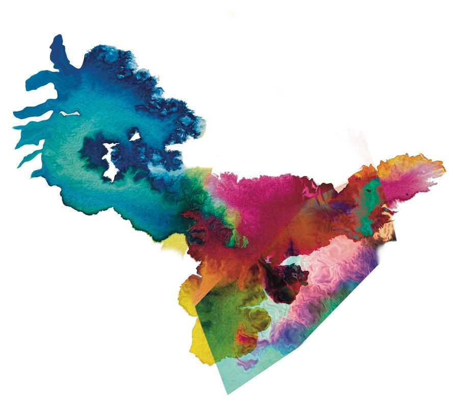 abstract piece: flowing blue, teal, magenta, orange and yellow ink shapes on white
