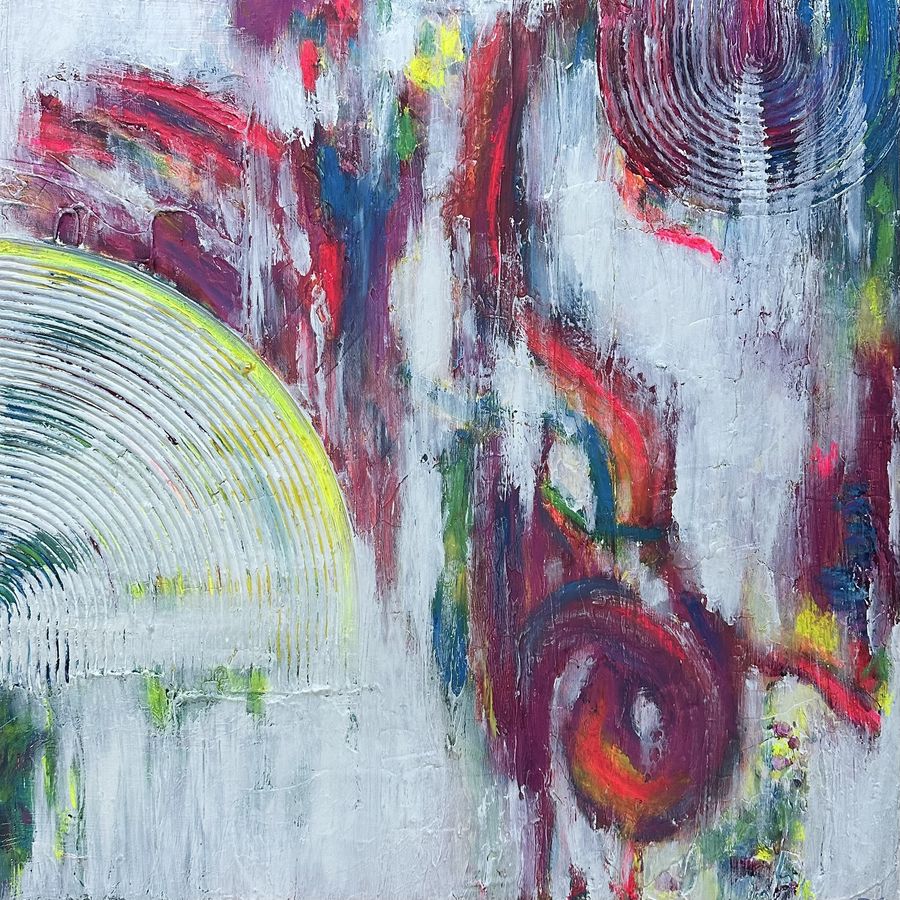 abstract painting: textured white with magenta, red, blue and neon yellow strokes and carved circles