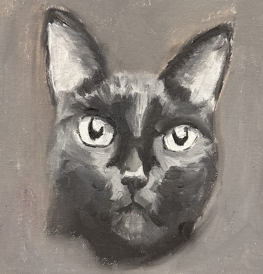 black and white oil painting of Campari's face on a warm gray background