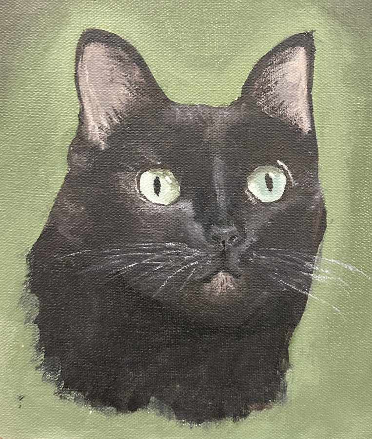 early painting of Campari, a black cat with pale green eyes, on a sage green background