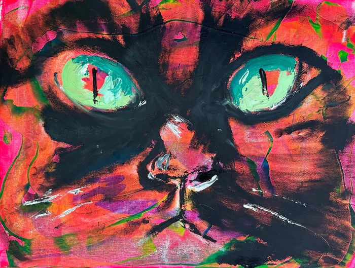 loose abstract painting of Campari's face in black, orange, pink and green
