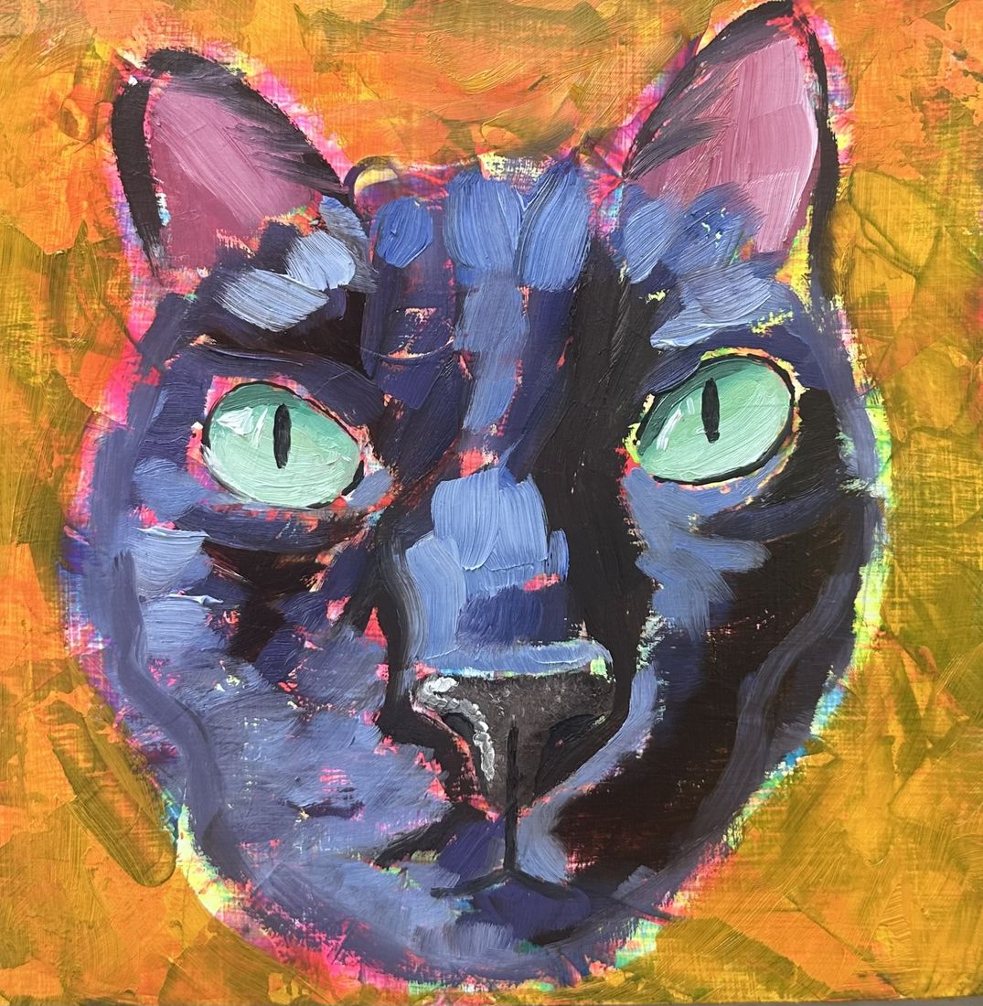 oil painting of Campari in blues and purples with mint green eyes on a mustard and orange background