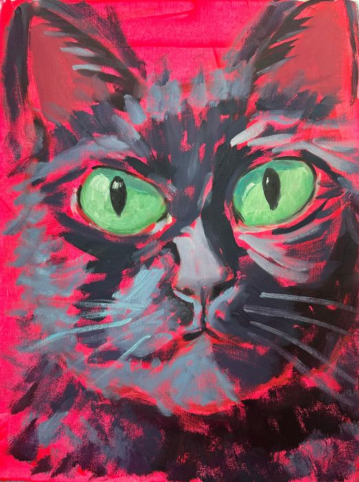 painting of Campari with bright green eyes on a hot pink background