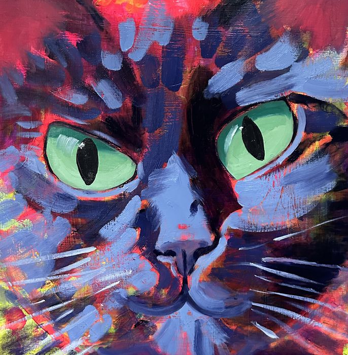 close-up painting of Campari's face in periwinkle and red with big green eyes