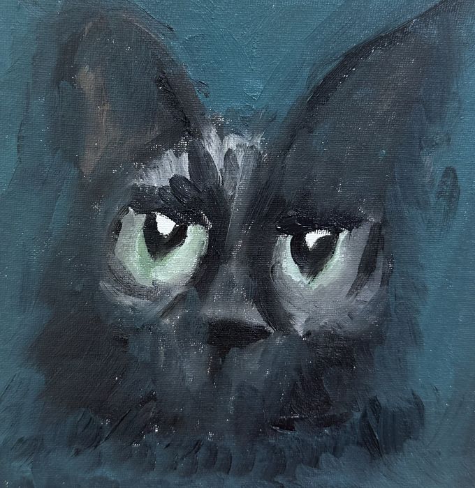 moody painting of Campari's face, dark fur on a deep teal background