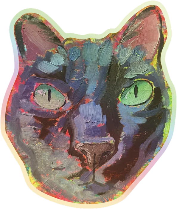 a holographic sticker of Campari painted in thick blues and purples