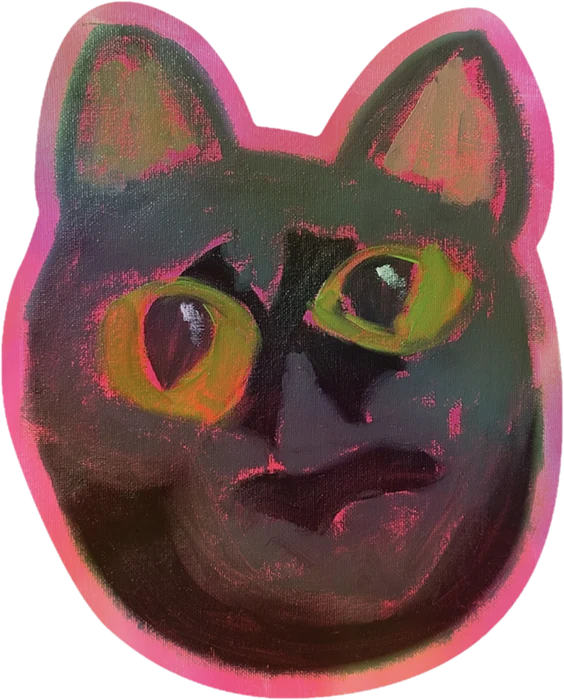 sticker proof: a painted black cat face with a hot pink border