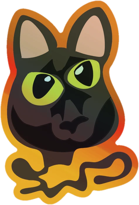sticker proof: a cartoon black cat with big green eyes and a holographic orange border